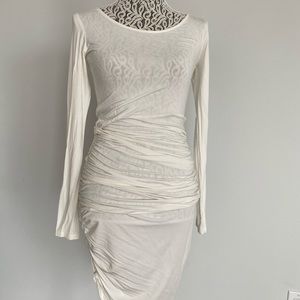 White, asymetrical ruched mid length dress